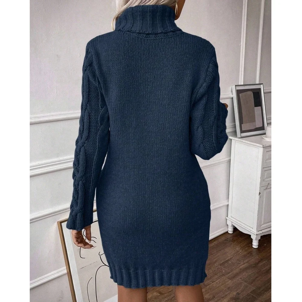 Cozy Solid Turtleneck Chunky Knit Sweater Dress - Picture 4 of 8